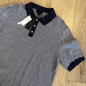 Magaschoni Sweater Men's S/S Medium Knit Pullover Golf Blue Tweed Collar Preppy